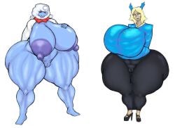 (deltarune) 2girls absurd_res absurdres anthro anthrofied areola areolae arm_behind_back arms_behind_back ass big_areola big_areolae big_ass big_breasts big_nipples breasts breasts_bigger_than_head carol_holiday clothed clothing deltarune deltarune_chapter_3 deltarune_chapter_4 elnina_(deltarune) female gatofashado hand_on_breast huge_breasts hyper large_breasts looking_at_viewer muscle_girl nude nude_female pussy smile smiling thighs toby_fox visible_pussy