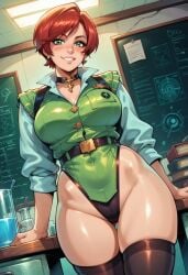 1girls ai_generated belt black_belt black_choker black_thigh_highs black_thighhighs black_thong chocker civitai cleavage earrings female front_view green_clothes green_eyes highleg_thong large_ass large_breasts large_cleavage light-skinned_female light_skin long_sleeves panviewai pinup red_hair shani short_hair the_witcher_(series) the_witcher_3:_wild_hunt thick_thighs thigh_highs wide_hips