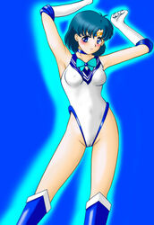 1girls ami_mizuno big_breasts bishoujo_senshi_sailor_moon blue_eyes blue_hair blush cameltoe choker circlet clothing elbow_gloves erect_nipples erect_nipples_under_clothes female female_only gloves knee_boots leotard nipples red103 sailor_mercury small_breasts smile solo straight_hair