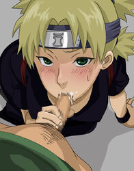 arm_support blonde_hair blush censored cum cum_in_mouth fellatio female from_above green_eyes headband human karsarutobi_asumaru male naruto oral penis pubic_hair quad_tails small_penis straight sweat temari