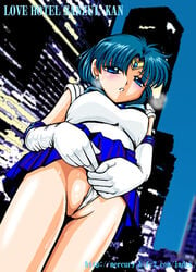 1girls ami_mizuno artist_request bishoujo_senshi_sailor_moon blue_eyes blue_hair blush cameltoe clothing elbow_gloves female female_only gloves panties panty_pull sailor_mercury skirt small_breasts smooth_skin solo sweat visible_breath