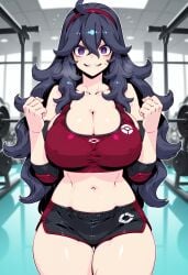 ai_generated black_shorts cleavage clenched_hands collarbone cowboy_shot curvy elbow_pads female gym hex_maniac huge_breasts looking_at_viewer midriff navel nintendo pokemon purple_eyes purple_hair red_bra short_shorts shorts solo sports_bra sportswear thick_thighs thighs wide_hips
