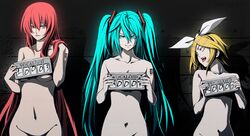 3girls apaz female glowing hatsune_miku long_hair multiple_girls nude short_hair sideboob staring tied_hair twintails vocaloid