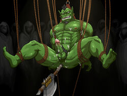 1boy abs anal anal_insertion anal_penetration background_characters balls ballsack bara black_hair broadaxe cum cum_all_over ear_piercing earrings erect_penis erection facial_hair foreskin gay goatee green_skin humanoid humanoid_penis intact male male_nipples male_only male_pubic_hair mohawk_(hairstyle) muscular_male nude_male orc overarc pecs penis perineum pointy_ears pubes restrained retracted_foreskin ropes scrotum smooth_skinned_male solo_focus suspended suspension tagme testicles tusks uncut world_of_warcraft yaoi