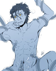 1boy abs cum diarmuid_ua_duibhne fate/zero fate_(series) lancer male malesub monochrome nude nude_male panting spot_color spread_legs tentacle tentacle_on_male tentacles_around_legs tentacles_on_male