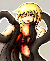 avulsion beige_skin bleeding blonde_hair blood blood_stain color eating eyes female gore guro hair injury insertion medusa_gorgon nudity short_hair skin soul_eater vaginal_insertion vulva wink wound yellow_eyes