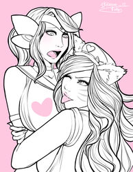 2015 ahri animal_ears censored clothes female female_only fur hair heart ikebanakatsu league_of_legends luxanna_crownguard popstar_ahri ribbon star_guardian star_guardian_lux star_guardian_series tongue_out yuri