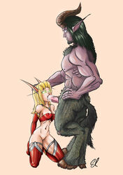 arms_behind_back blizzard_entertainment blood_elf elf female kneeling penis satyr satyr_(warcraft) tagme thighhighs warcraft world_of_warcraft