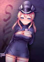 alternate_costume blonde_hair blush breasts cleavage cleavage_cutout condom_wrapper erect_nipples female gloves hat highres kantai_collection large_breasts long_hair looking_at_viewer open-chest_sweater panties panty_pull peaked_cap pink_panties prinz_eugen_(kantai_collection) pussy_juice ribbed_sweater satou_kuuki smile solo sweater tied_hair turtleneck twintails underwear white_gloves