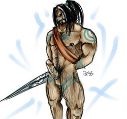 black_hair color erection facial_hair human league_of_legends long_hair male male_only nude penis silvethas solo standing tattoo tryndamere uncensored