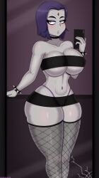 1girls bandeau big_breasts blush breasts choker clothing dc dc_comics drunkavocado electronics female female_focus female_only fishnet_stockings goth half-closed_eyes huge_breasts human miniskirt pale_skin phone purple_eyes purple_hair rachel_roth raven_(dc) selfie short_hair skirt solo standing stockings teen_titans thick_thighs thong voluptuous wide_hips wristwear