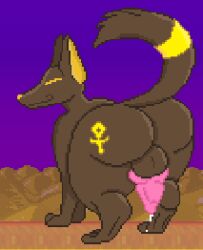 animated ankh anubian_jackal ass balls big_butt bodily_fluids canid canine canis feral genital_fluids genitals ivorden_bar jackal knot low_res male mammal precum presenting presenting_hindquarters smile teasing thick_thighs vorochi