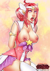 female female_only hair ikebanakatsu league_of_legends luxanna_crownguard mahou_shoujo pink_hair ribbon solo standing star_guardian star_guardian_lux star_guardian_series tongue_out violet_eyes