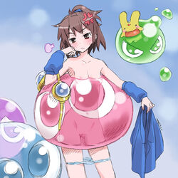 1girls anger_vein arle_nadja blush breasts brown_eyes brown_hair carbuncle_(puyo_puyo) chin_rest clothing compile dress_removed isedaichi_ken looking_at_viewer madou_monogatari nipples nude panties panty_pull ponytail pussy puyo_puyo sega short_hair solo tied_hair underwear