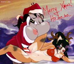 2girls alt alt_(character) barraqda big_breasts blue_eyes breasts breasts_out christmas legs multiple_girls santa_costume santa_hat tagme teeth tongue worgen world_of_warcraft yuri