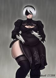 1girls beelzychub big_belly big_breasts blindfold breasts chubby clothing female female_only hairband huge_belly light-skinned_female light_skin nier nier:_automata solo solo_female standing thick_thighs thighhighs white_hair yorha_2b