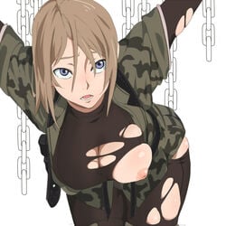 blue_eyes breasts brown_hair camouflage chains large_breasts light_brown_hair mineji nipple_slip nipples restrained short_hair spandex torn_clothes