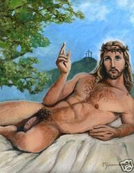 1boy abs artist_request beard benediction blonde_hair blue_eyes body_hair chest_hair christianity circumcised crown_of_thorns deity facial_hair flaccid_penis golgotha human human_only jesus_christ lean_muscle long_hair_male male male_nipples male_only male_pubic_hair manly muscles muscular_male naked nude_male pecs penis pubes religion smooth_penis solo wound wounds