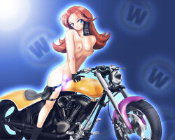 blush breasts casual censored exposed_torso female footwear handwear human large_breasts legwear mario_(series) mona_(warioware) motorcycle nipples pale_skin pubic_hair smile tansoku102cm warioware