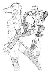 1boy alligator anus ass balls black_and_white erection fingerless_gloves gloves humanoid_penis male male_only monochrome muscles penis presenting quixoticallyerotic reptile scalie sketch solo spread_legs spreading stockings toeless_socks uncut