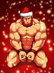 1boy abs bara beard beefy bound christmas facial_hair fate/zero fate_(series) fists_clenched human iskandar_(fate) kneeling male male_nipples male_only male_pubic_hair manly masculine mature_male muscles muscular_male nude pecs red_hair rider santa_claus santa_hat scars smooth_skinned_male softcore solo topless yaoi zelo_lee