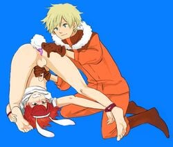 2boys anal_dildo anal_insertion animal_ear ass_up barefoot blonde_hair boots bottomless bound_ankles bound_wrists bunny_ears bunny_tail cmnm dildo feet gloves green_eyes handjob human kenny_mccormick kyle_broflovski male male_only malesub red_hair shirt_lift south_park upside-down wrists_to_ankles yaoi