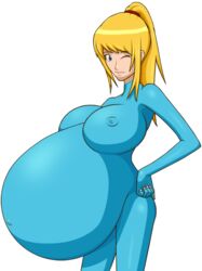 1girls blonde_hair breasts clothing elek-tronikz erect_nipples female female_only human large_breasts metroid nintendo ponytail pregnant ready_to_pop samus_aran skin_tight solo tied_hair zero_suit