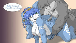 all_fours anthro black_nose blue_fur blue_hair breasts closed_eyes closed_mouth color dialog doggy_style english_text female fox fur furry furry_breasts furry_ears grey_fur hair krystal male nipples open_eyes pointy_ears sex short_hair speech_bubble star_fox text white_fur yiffmasters