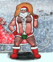 1boy beard christmas codpiece facial_hair hairy male male_nipples male_only open_shirt sack santa_claus santa_costume santa_hat shorts sleigh tagme vest white_hair