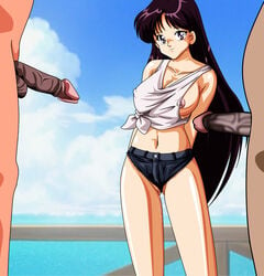 1girls bikabika bishoujo_senshi_sailor_moon breast_slip breasts clothing color day female female_focus human large_breasts male multiple_males nipples nude outdoors penis rei_hino shorts standing tagme uncensored