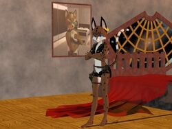 3d 4:3 anthro barefoot bed black_nose blue_eyes brown_fur color crossed_arms ear_piercing female female_only fox fox_mccloud fur furry furry_ears furry_tail imago indoors lynx miyu_lynx piercing pointy_ears raised_tail solo standing star_fox tail white_fur