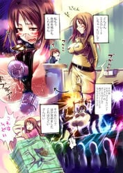 ahe_gao bed bondage brown_eyes brown_hair chastity chastity_belt chastity_device danchizuma dildo drooling exhibitionism female female_chastity female_only glasses k-on! long_hair no_legwear peeing saliva sawako_yamanaka_(k-on!) school_uniform short_hair tear translation_request vibrator vibrator_under_clothes yui_hirasawa_(k-on!)