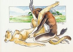 2011 anthro breasts closed_eyes feline female fur furry gazelle heather_bruton horn legs_up lion lioness male missionary_position nude on_back penetration penis predator/prey sex straight