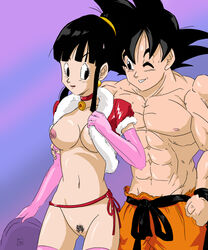 1boy 1girls abs biceps black_hair bodybuilder breasts chichi dragon_ball dragon_ball_z female human husband_and_wife looking_at_another male muscles muscular_male pecs pubic_hair son_goku sos_(soshimi) straight