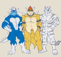 3boys arody bowser brumal dragon erection furry lizard looking_at_viewer male male_only mario_(series) muscular mutant-serpentina mutant_serpentina nintendo penis posing reptile scalie tiger white_tiger