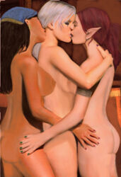 3girls ass big_breasts black_hair bottomless breasts closed_eyes dark-skinned_female dark_hair dark_skin dragon_age dragon_age_2 earrings elf fearnie84 female female_only femhawke hawke human interracial interspecies isabela kiss kissing large_breasts long_hair multiple_females multiple_girls naked nipples nude nude_female nudity pointy_ears red_hair standing tallis threesome topless uncensored white_hair yuri