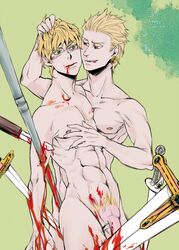 2boys arthur_pendragon_(fate) blonde_hair blood fate/prototype fate/stay_night fate_(series) gilgamesh_(fate) grabbing_hair guro injured male_only nude stabbed stabbing sword violence weapon yaoi