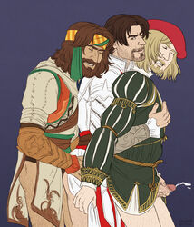 3boys anal artist_name assassin's_creed:_brotherhood assassin's_creed:_revelations assassin's_creed_(series) assassin's_creed_ii beard beard_stubble blonde_hair brown_eyes brown_hair closed_eyes clothed clothed_sex clothing erection ezio_auditore_da_firenze facial_hair foreskin foreskin_folds gay goatee hand_on_penis holding_penis human hysteria intact leonardo_da_vinci_(assassin's_creed) long_hair_male male male_only manly mature_male multiple_males mustache penis penis_grab retracted_foreskin ubisoft uncut veiny_penis yusuf_tazim