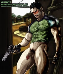 1boy balls bara black_fingerless_gloves black_gloves black_hair blush blushing body_hair bottomless censored censored_penis chris_redfield facial_hair fingerless_gloves flaccid flaccid_penis gloves green_shirt gun hairy hairy_thighs happy_trail heavy_sweating holding_gun holding_weapon human human_only looking_at_viewer male male_only mouth_open muscle muscles muscular muscular_male muscular_thighs nude nude_male open_mouth orgasm pants_removed pecs penis pubic_hair resident_evil resident_evil_5 shirt shirt_only solo solo_focus solo_male sweat sweatdrop sweating sweaty thick_thighs tight_clothing topwear topwear_only vein veins veiny_muscles with_no_title