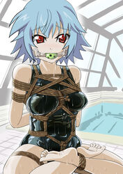 artist_request ball_gag blue_hair bondage box_tie drooling feet female gag gagged infinite_stratos red_eyes rope sarashiki_tatenashi swimsuit