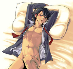 abs bed bedroom black_hair blonde_hair blue_eyes blush bottomless cum_on_face dark_skin human indoors inside jacket looking_at_viewer male male_only muscular nipples nude nude_male open_mouth pillow shirtless solo tan_skin tie yu-gi-oh! yu-gi-oh!_5d's yusei_fudo