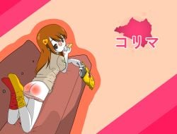 1girls anime_style colima_(statehumans) countryhumans countryhumans_girl female female_only heart japanese_text lay's lays light_brown_hair long_hair markings mexico pink_background quetzalcóatl_(artist) simple_background snack spank_marks statehumans statehumans_girl text white_body