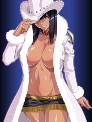 belt_buckle belt_collar black_hair black_skirt coat cowboy_hat dark-skinned_female dark_hair dark_skin exposed_midriff eye_covered female female_only fur_coat fur_trim kagami kagami_hirotaka looking_at_viewer microskirt miss_all_sunday nico_robin no_bra one_piece open_coat pre-timeskip tagme white_coat white_fur