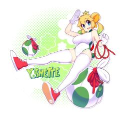 1girls adorable blonde_hair blue_eyes breasts crown double_bun eggs female female_only fizintine gloves green_highlights greeting hair_bun hair_buns leotard looking_at_viewer mario_(series) new_super_mario_bros._u_deluxe nintendo rope shoes smile smiling smiling_at_viewer solo super_crown thick_thighs thigh_squish thighhighs thighs white_thighhighs wholesome yoshette yoshi yoshi's_island