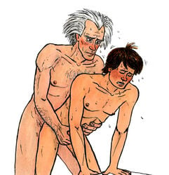 2boys age_difference anal anal_penetration anal_sex back_to_the_future blush brown_hair closed_eyes cowlick emmett_brown erect_nipples erection flying_sweatdrops from_behind gay handjob_while_penetrating holding_penis human human_only male male_only marty_mcfly naked nude nude_male nudity older_dom_younger_sub older_man_and_younger_boy older_penetrating_younger pubic_hair reach_around scientist sex size_difference standing_doggy_style sweat sweatdrop tagme teenager white_background white_hair yaoi