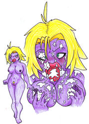 blonde_hair bottomless breasts closed_mouth color cum cum_on_breasts cum_on_face exposed_breasts female female_only front_view hair jynx mouth nintendo nipples nude open_eyes open_mouth pokemon pokemon_(species) pubic_hair purple_nipples purple_skin pussy short_hair solo tongue tongue_out topless vulva white_background