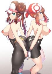 2girls ass ass_to_ass back_to_back bandana big_ass big_breasts bike_shorts blue_eyes breasts bubble_butt edit exposed_breasts female_only fit_female gloves grey_background hat holding_hands human human_only large_breasts latex long_hair looking_at_viewer may_(pokemon) may_(pokemon_rs) nagase_haruhito nintendo nipples pokemon pokemon_bw2 pokemon_rse ribbon rosa_(pokemon) shadow shirt shoes short_hair sideboob skin_tight socks_over_pantyhose spandex spats standing thighs tied_hair tight_clothing topless twintails wide_hips