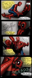 2boys arms_above_head artist_request bound bound_wrists bulge ccel clothed_erection clothed_sex comic deadpool dialogue dubious_consent english_text erection_under_clothes gay imminent_anal imminent_penetration imminent_sex legs_held_open legs_up lifting_person male male_only marvel peter_parker smooth_skin spandex spider-man spider-man_(series) superhero superhero_costume tagme tearing_clothes text wade_wilson yaoi