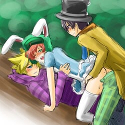 3boys alice_in_wonderland anal animal_ears black_hair blonde_hair bunny_ear cat_ears crossdressing gay group_sex hat kenny_mccormick kyle_broflovski male male_only red_hair sex south_park stan_marsh threesome top_hat yaoi