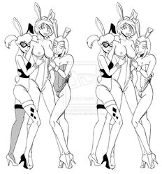 batman_(series) breasts bunnysuit dc dc_comics false-emporor harley_quinn high_heels kara_zor-l karen_starr monochrome nipples power_girl pussy raven_(dc) smooth_skin superheroine supervillainess teen_titans